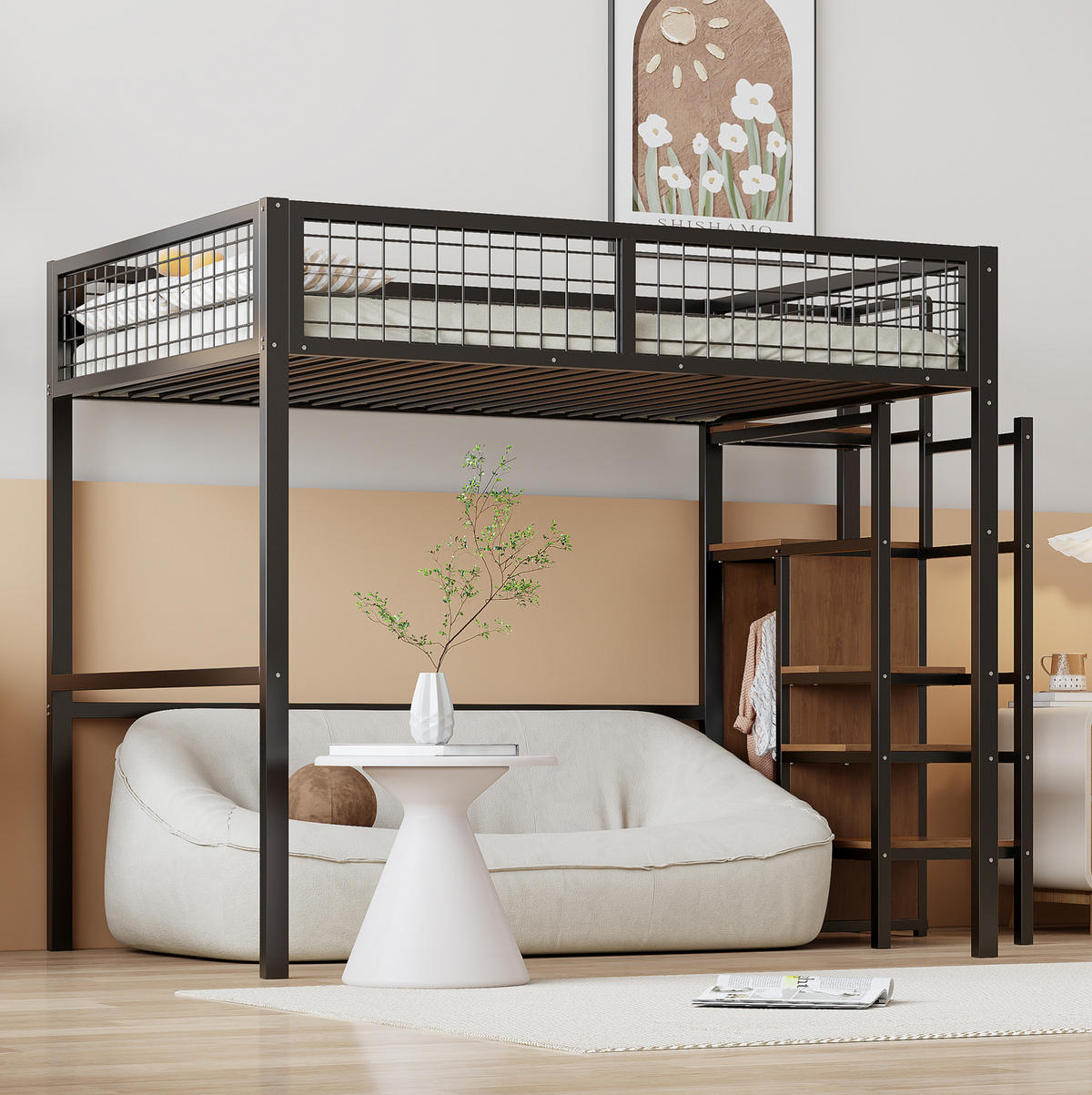 HOCHBETT 140/200 cm aus Metall mit Leiter und Kleiderschrank, Schwarz - Schwarz, Metall (140/200cm) - Flora Grace