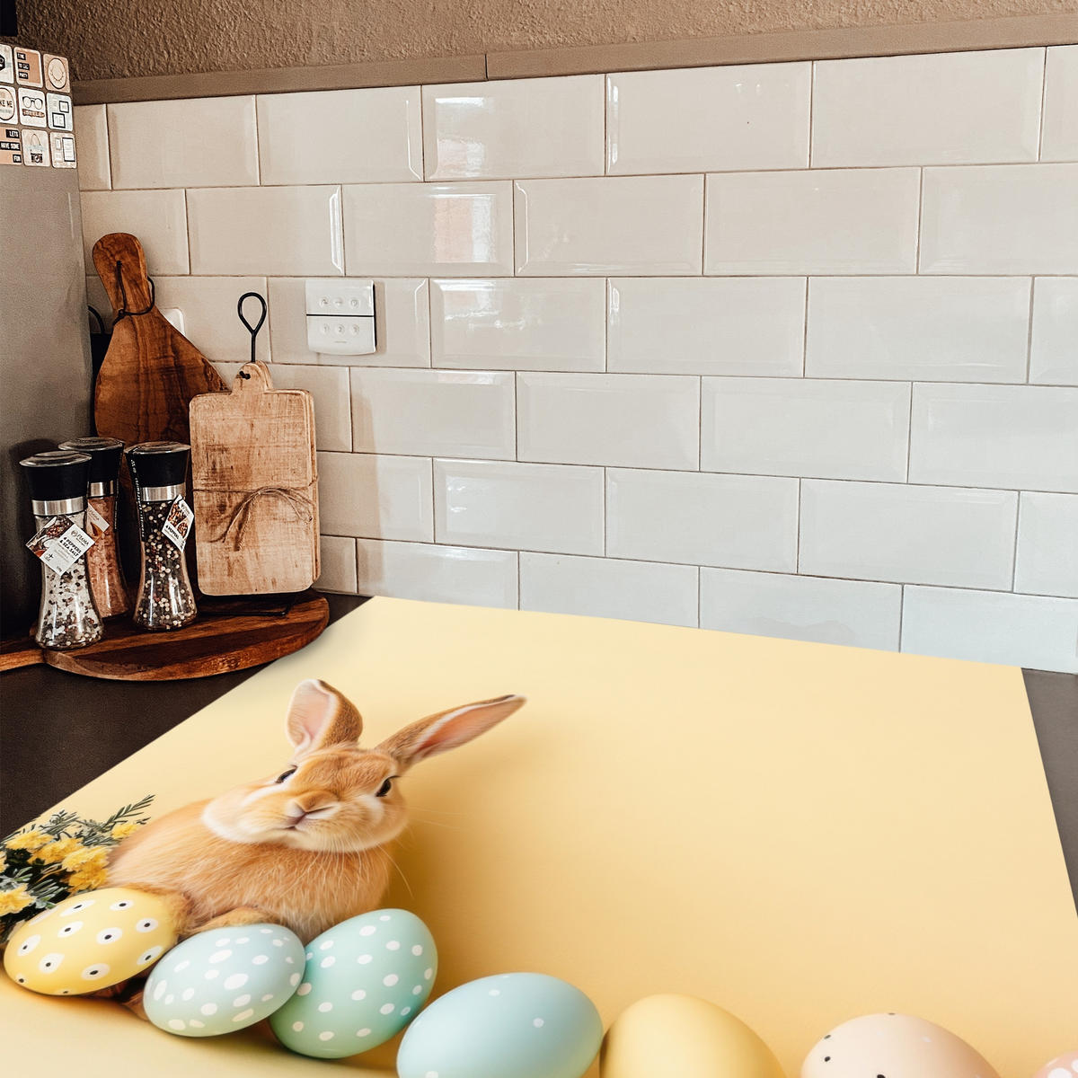 HERDABDECKPLATTE Eier - Kaninchen - Pastellfarbtöne Induktionsmatte 78x78 cm - Hellgelb, Kunststoff (78/78/0.2cm) - MuchoWow