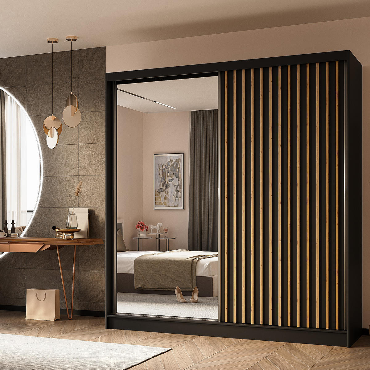 SCHWEBETÜRENSCHRANK LAMELLO 200/216/61 cm 2-türig mit Spiegel Schwarz - Schwarz, Holzwerkstoff (200/216/61cm) - MASSENO