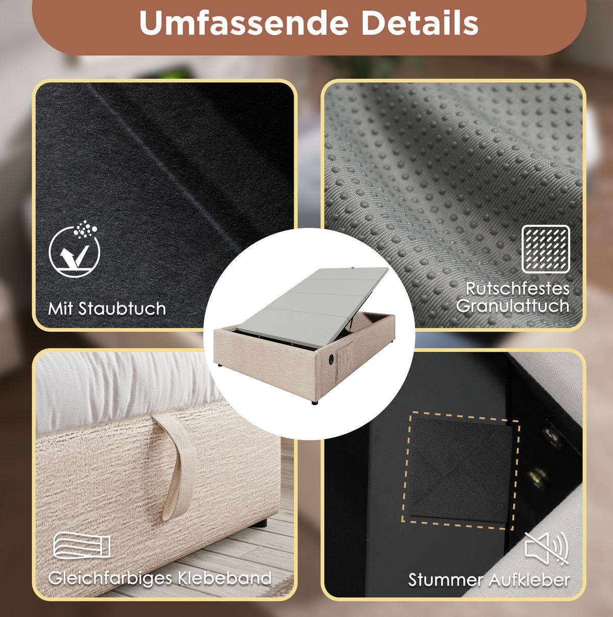 POLSTERBETT 90/200 cm Natur aus Leinen mit Stauraum - Beige, Textil (90/200cm) - OKMYHOME