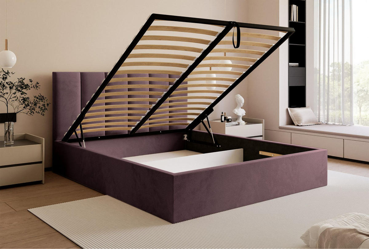 POLSTERBETT Masego Violett, Velours, 140x200 cm - Lila, Textil (140/200cm) - Selsey