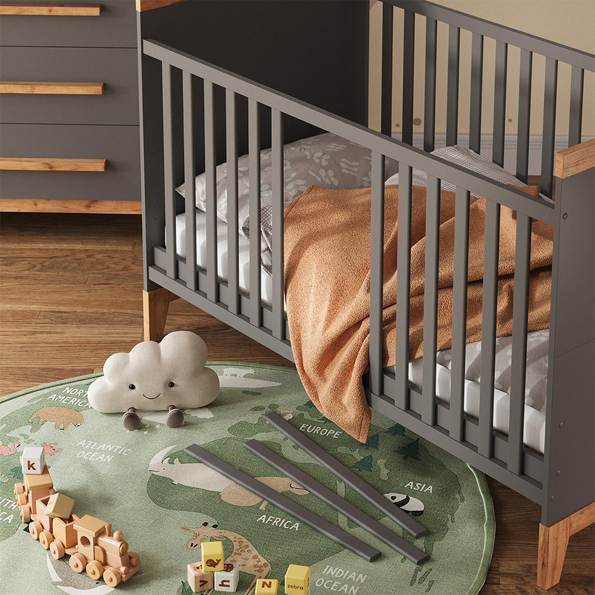 BABYBETT Malia Grau/Artisan 70x140 cm - Hellgrau/Grau, Holzwerkstoff - VitaliSpa