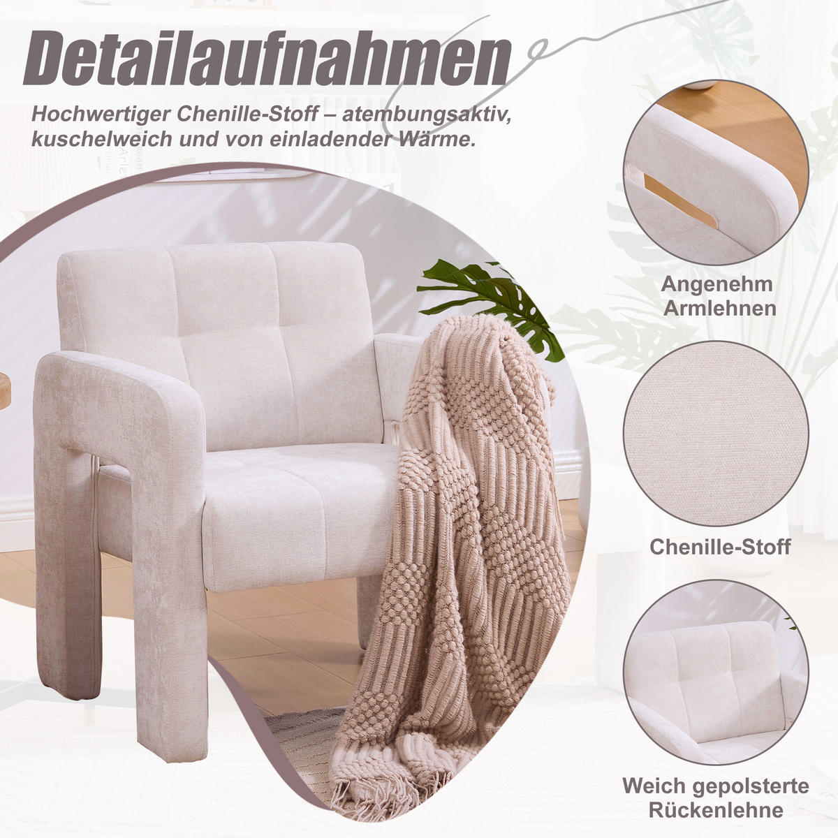 SESSEL Nordic Style aus Chenille mit ergonomischen Armlehnen - Beige, Textil (67/74/69cm) - Urban Meuble