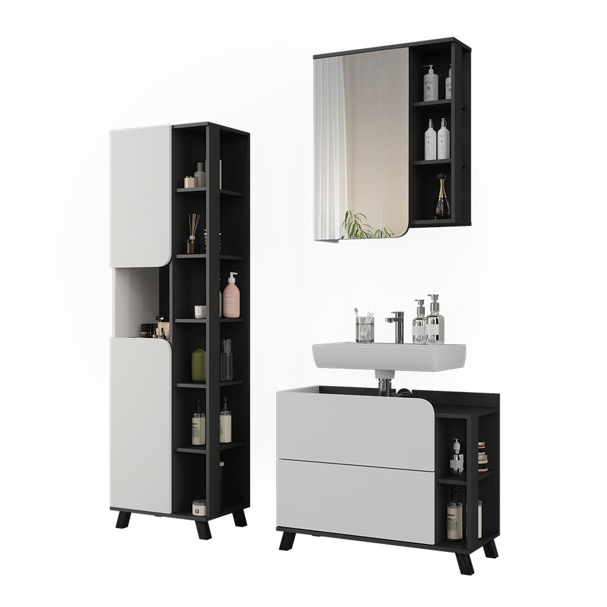 SÚPRAVA KÚPEĽŇOVÉHO NÁBYTKU Karen, biely/antracitová, 3 časti - biela/antracitová, kompozitné drevo (80/65/35cm) - Vicco
