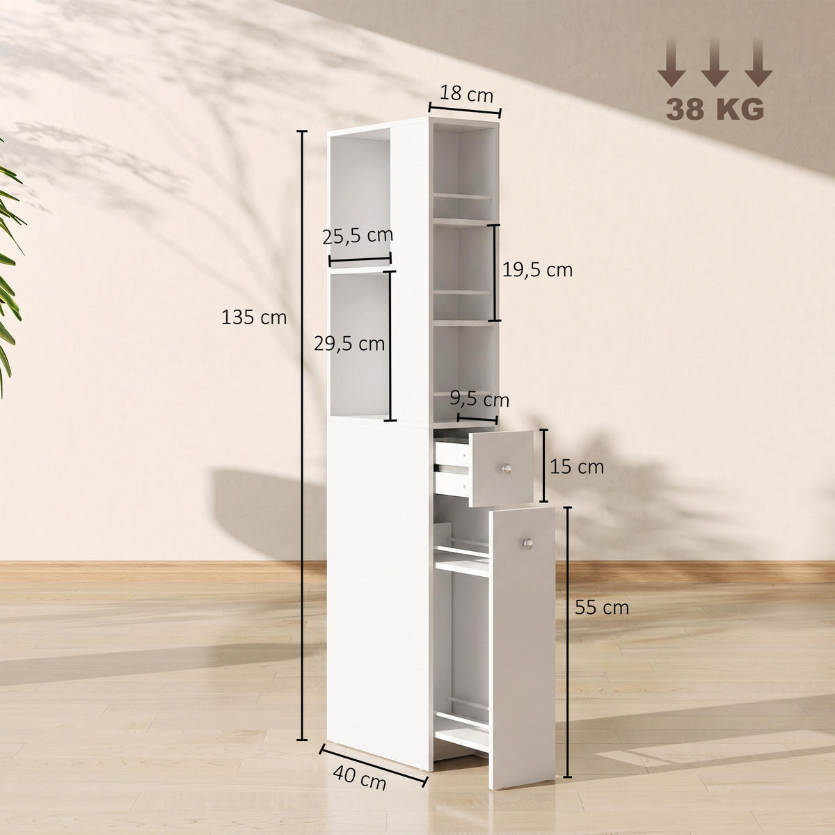 BADEZIMMERSCHRANK MDF Weiß - Silberfarben/Weiß, Holzwerkstoff/Metall (18/135/40cm) - HOMCOM