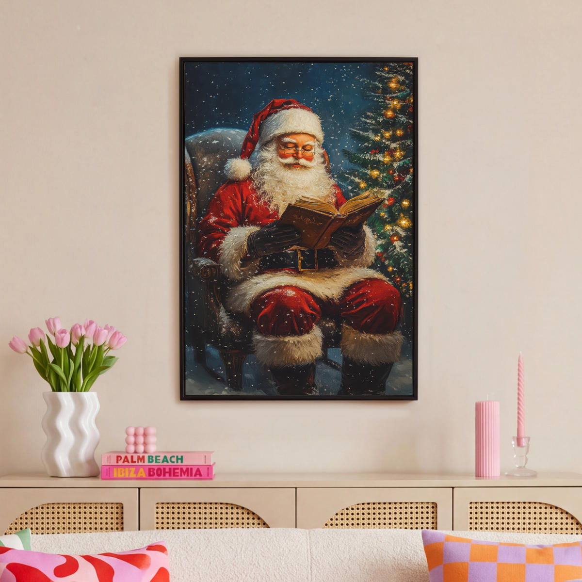 LEINWAND Bilder mit Rahmen - Weihnachtsmann - Weihnachten - Winter - Weihnachtsbaum - 60x90 - Bordeaux, Textil (60/90cm) - MuchoWow
