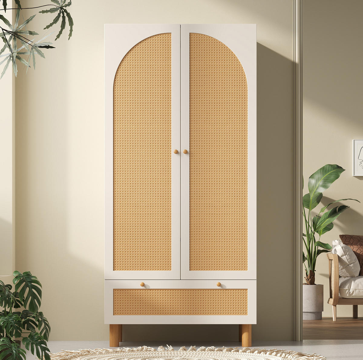 KLEIDERSCHRANK 2-türig 85,5/52/180,5 cm in Weiß mit Rattan & Schublade - Weiß, Holz (85.5/180.5/52cm) - BEAOK
