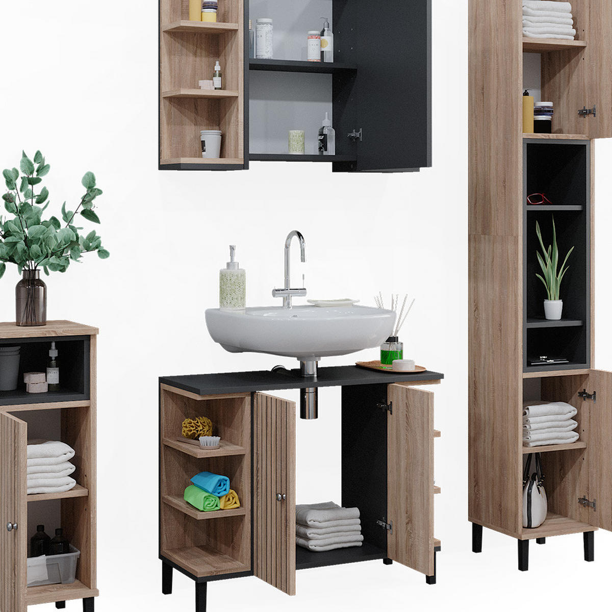 BADMÖBEL-SET Aquis Sonoma 4 Teile - Anthrazit/Sonoma Eiche, Holzwerkstoff (79.6/64/32cm) - Vicco