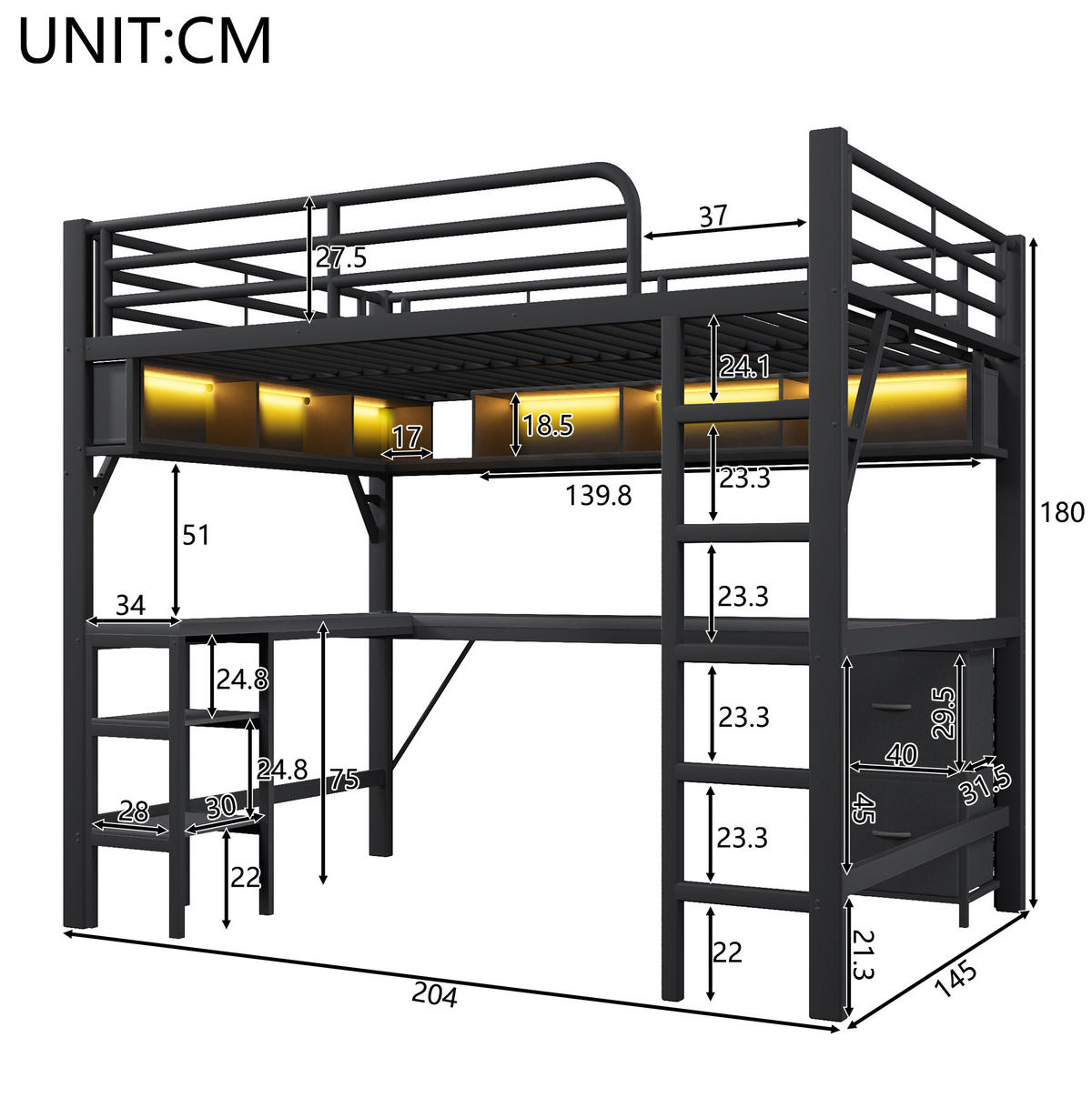 HOCHBETT 140/200 cm aus Metall und MDF mit Schreibtisch USB und LED-Beleuchtung Schwarz - Schwarz, Holzwerkstoff (140/200cm) - Modenvie