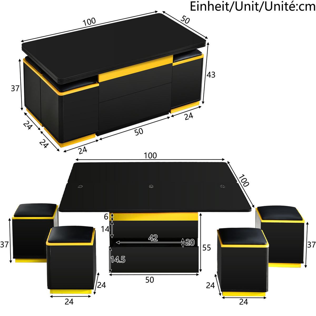 COUCHTISCH 100/50/43 cm aus MDF mit Klapp- und Hebefunktion, Stauraum und 4 Hockern, Schwarz/Gelb - Schwarz, Holzwerkstoff (100/50/43cm) - Redom