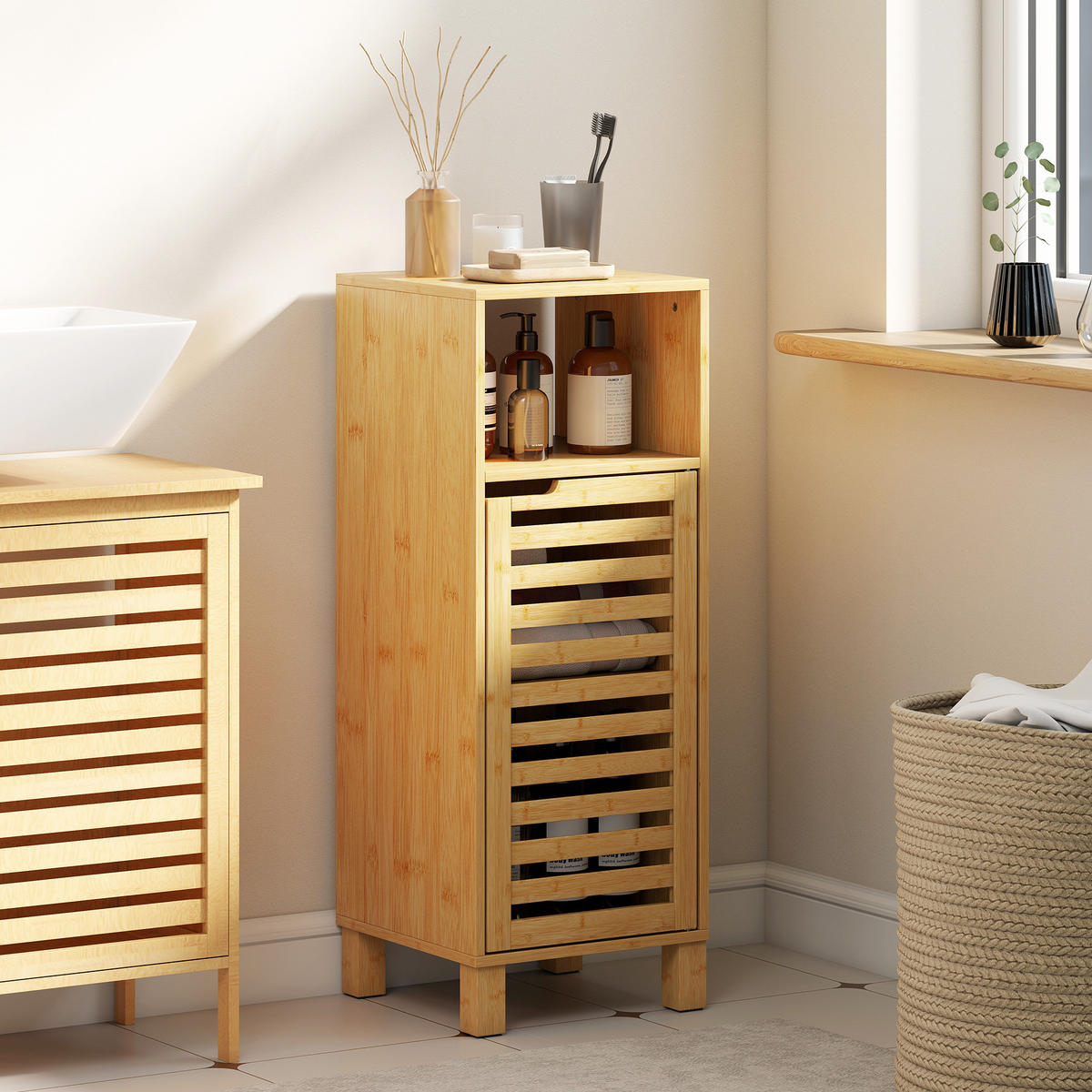 BADEZIMMERSCHRANK Badschrank schmal mit verstellbaren Regalen, offenem Fach - Naturfarben, Holz/Bambusholz (30/80/30cm) - HOMCOM