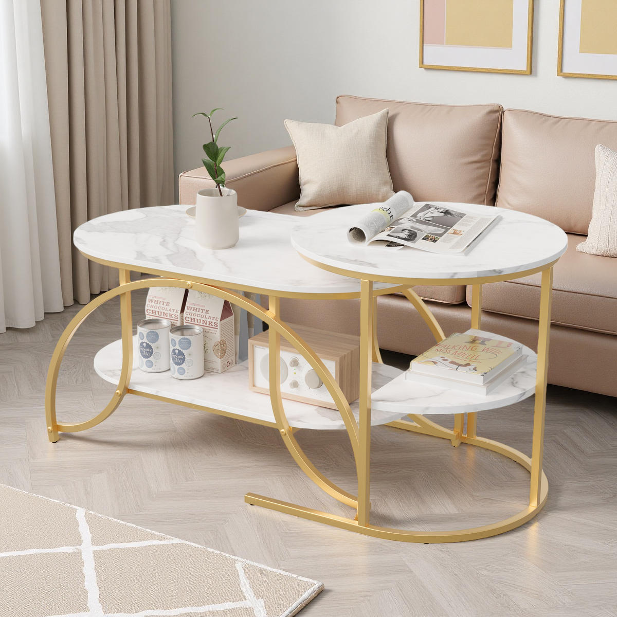 COUCHTISCH-SET platzsparend 2er Set Marmoroptik - Goldfarben, Metall (80/46/51cm) - SHOPENTRA