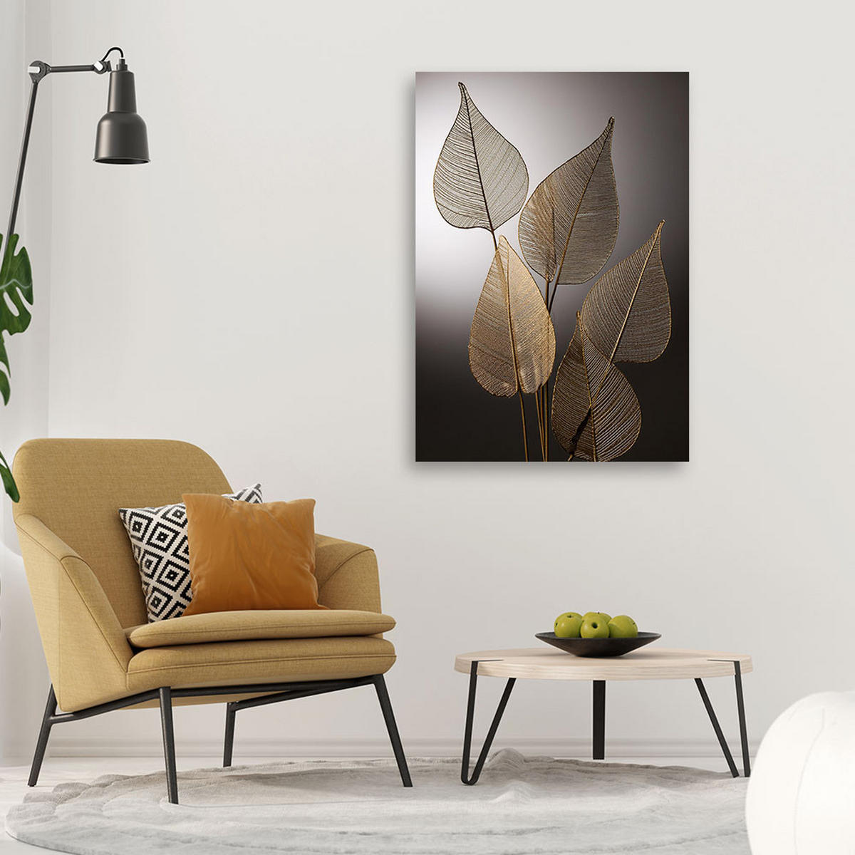 WANDBILD minimalismus mit goldenen blättern - Grau, Textil (40/60cm) - Feeby