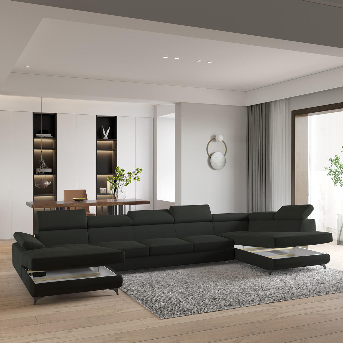 WOHNLANDSCHAFT MONTIVA Schwarz Velours-Stoff mit Schlaffunktion - Schwarz, Holz (410/89/190cm) - MASSENO