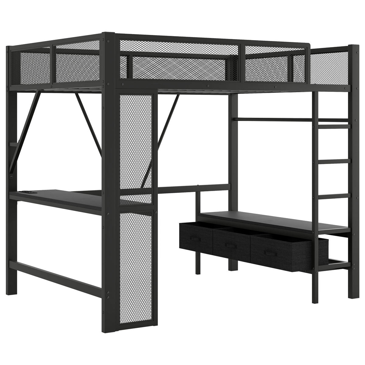 HOCHBETT 140/200 cm schwarz aus Metall mit LED und Schreibtisch - Schwarz, Holzwerkstoff (140/200cm) - OKWISH