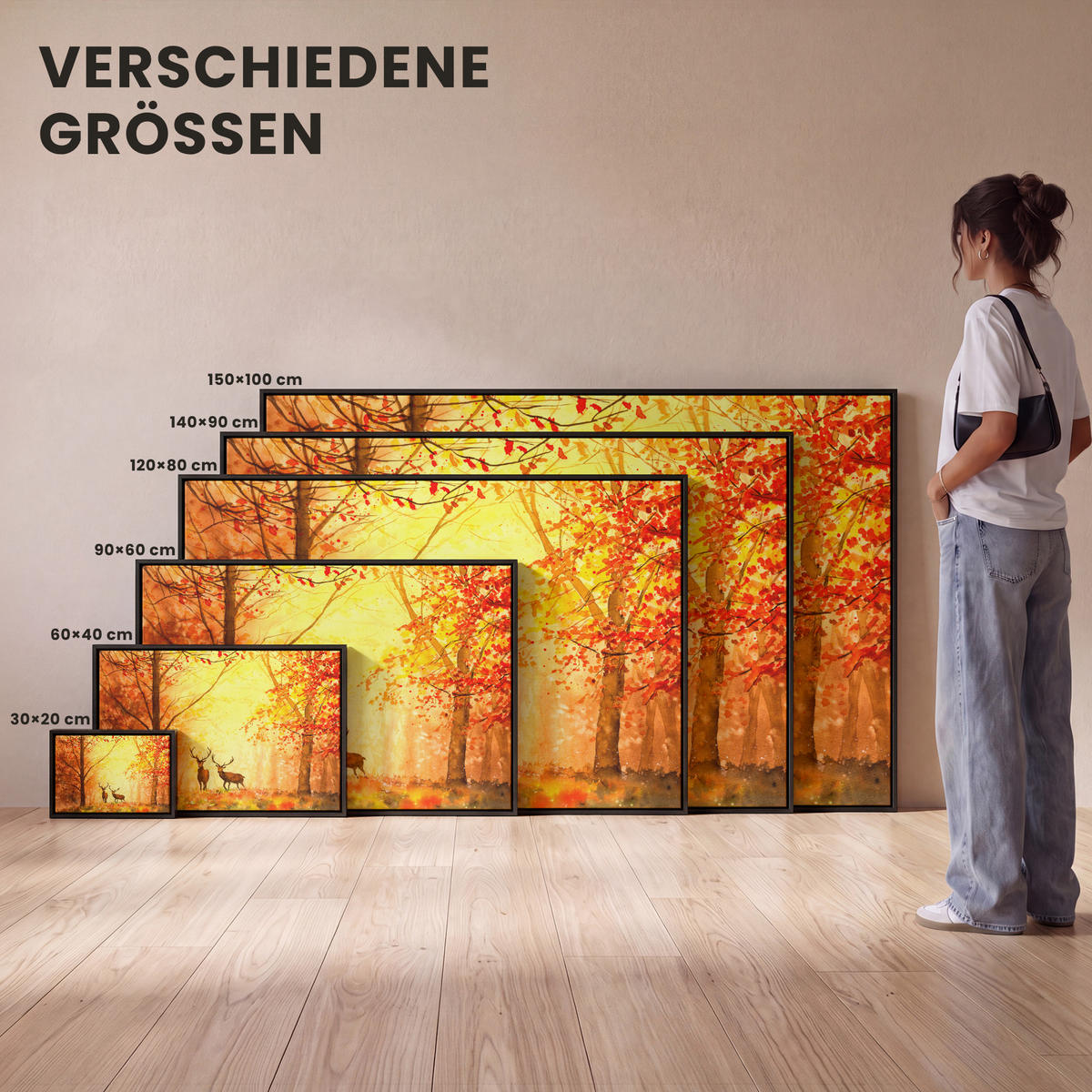 LEINWAND Bilder mit Rahmen - Natur - Ölfarbe - Hirsche - Tiere - Herbst - Orange - 60x40 - Orange, Textil (60/40cm) - MuchoWow