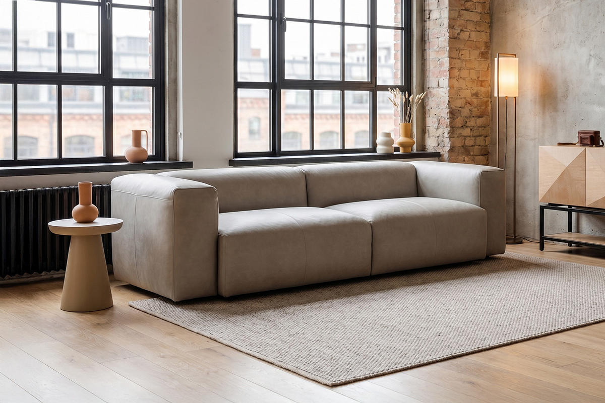 SOFA CELESTE Grau Leder - Schwarz/Grau, Leder/Kunststoff (302/114cm) - KAWOLA