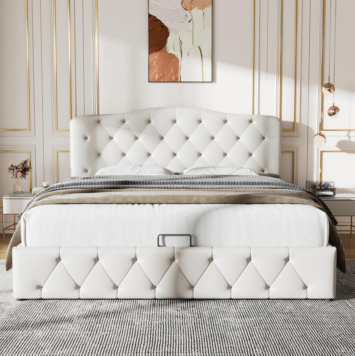 POLSTERBETT 140/200 cm Weiß mit Stauraum und höhenverstellbarem Kopfteil aus PU - Weiß, Kunststoff (140/200cm) - OKWISH