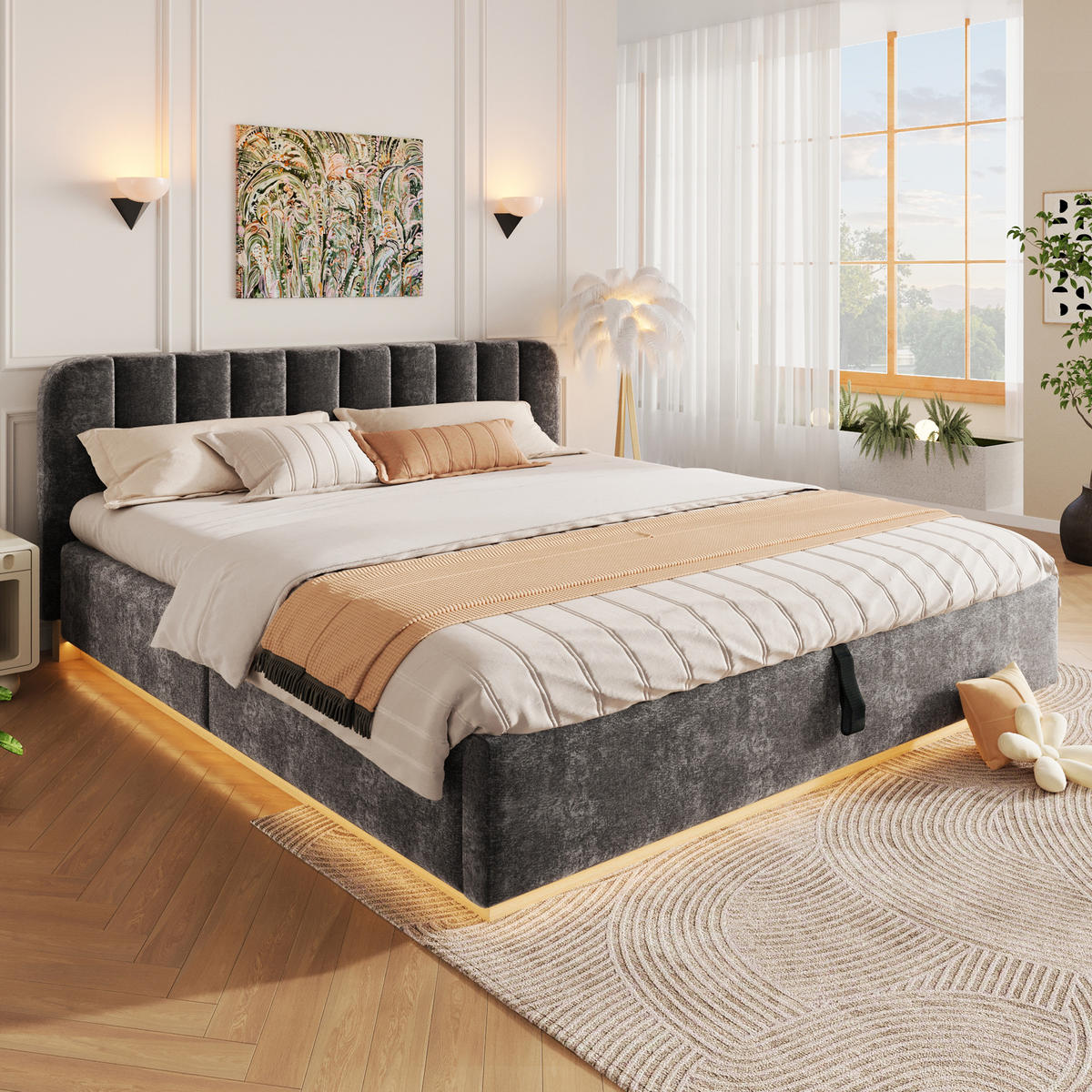 ČALOUNĚNÁ POSTEL 180x200cm Úložná LED Žinylka Antracit - šedá, kompozitní dřevo (180/200cm) - FLIEKS