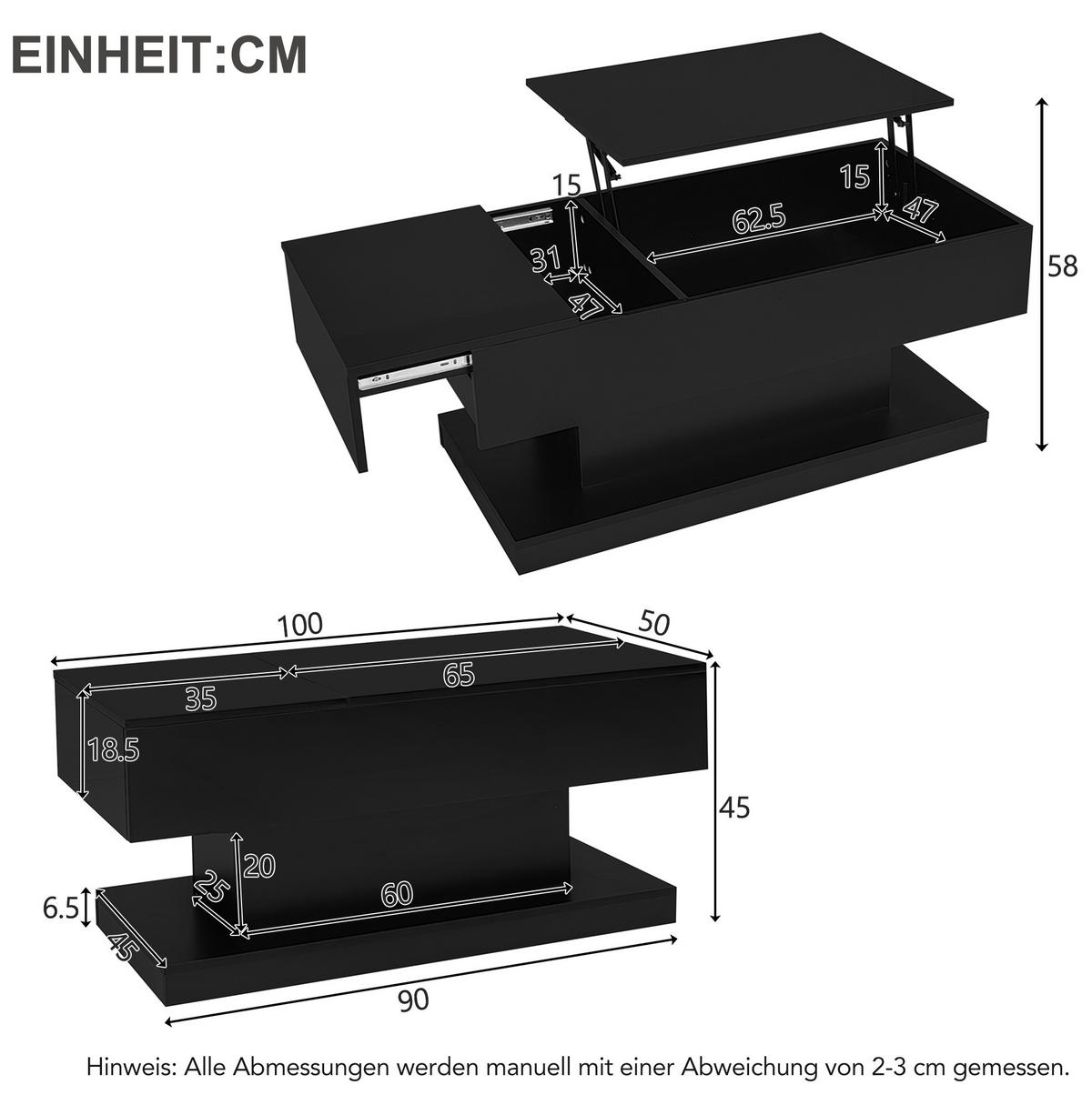 KONFERENČNÍ stolek, 100/50/45 cm, černý, s hydraulickým zdvihem, posuvnou deskou a LED - černá, kompozitní dřevo (100/50/45cm) - BEAOK