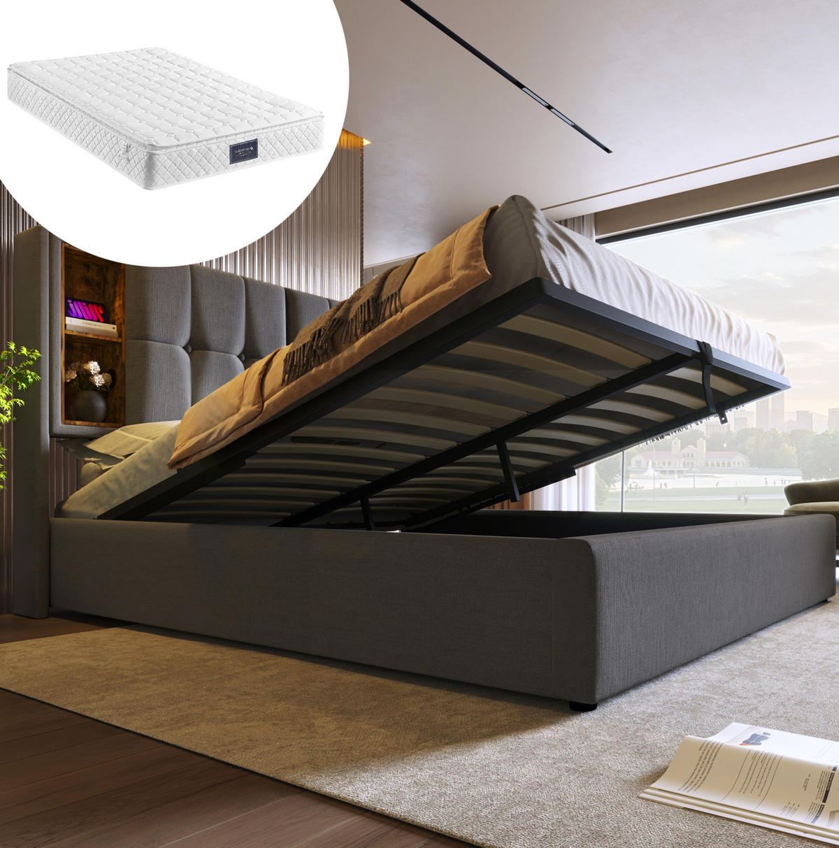 POLSTERBETT aus Baumwolle 160/200 cm mit kabellosem Laden, USB-C, Matratze, Bettkasten und Federkernmatratze, Grau - Grau, Textil (160/200cm) - Redom