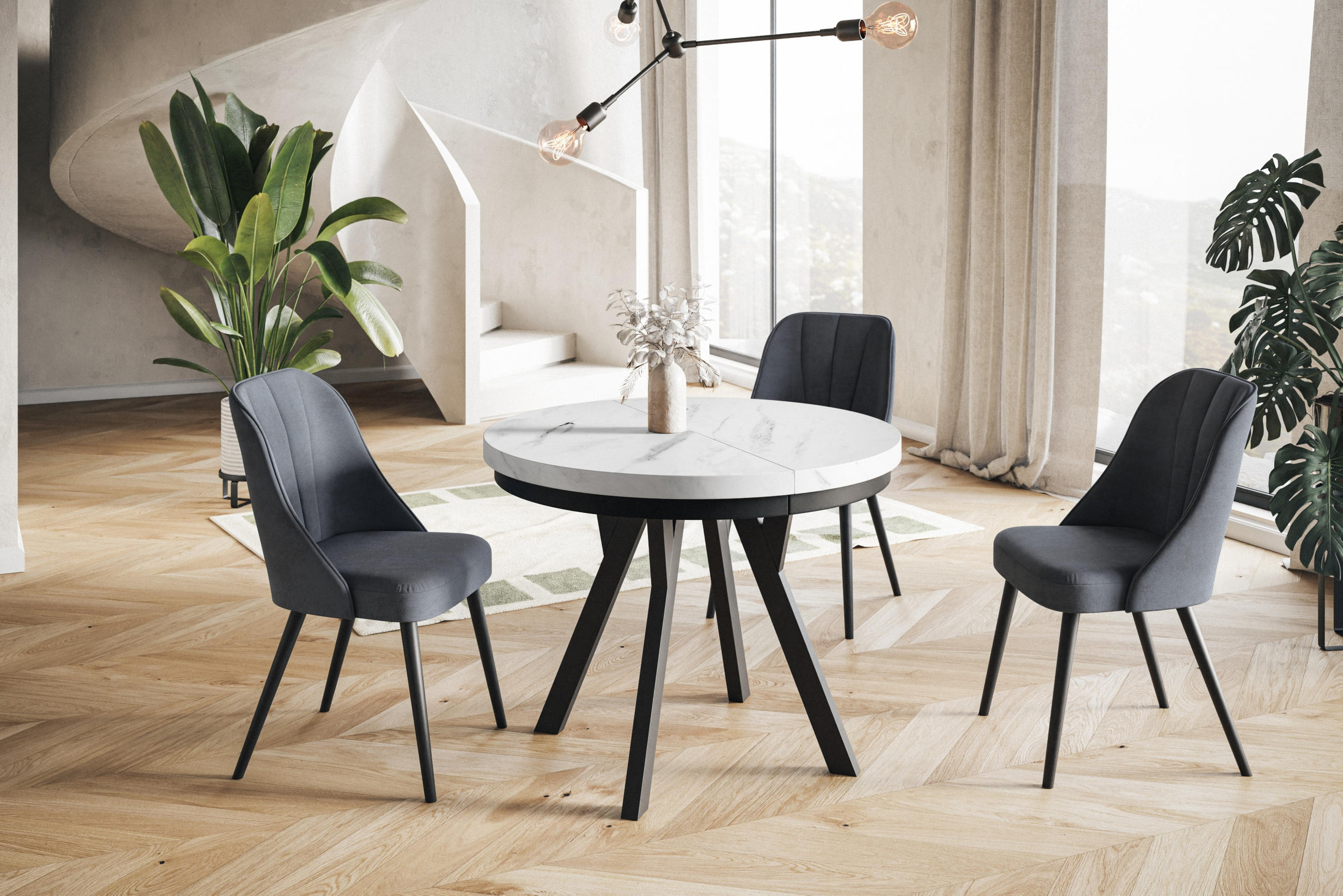 ESSZIMMERTISCH EVO, ausziehbarer Tisch 100 cm bis 200 cm, Farbe: MARMUR, mit Holzbeinen in Farbe Schwarz - Hellgrau/Schwarz, Holzwerkstoff (100/100/77cm) - Alpi-Möbel