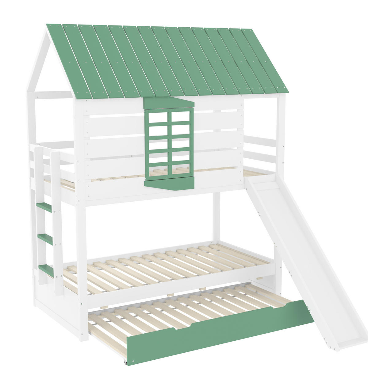 HAUSBETT 90/200 cm mit Rutsche und Ausziehbett in Weiß/Grün - Weiß, Holzwerkstoff (90/200cm) - BEAOK