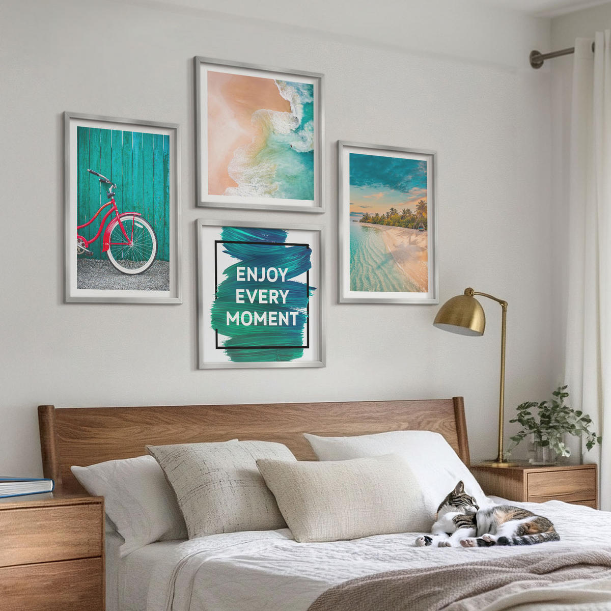 WANDBILDER 4er Set - 50x50 cm & 40x60 cm Silberner Rahmen - Inspiration für ein Fahrrad mit Seeboot - Silberfarben, Kunststoff (50/50cm) - ArtPrintCave