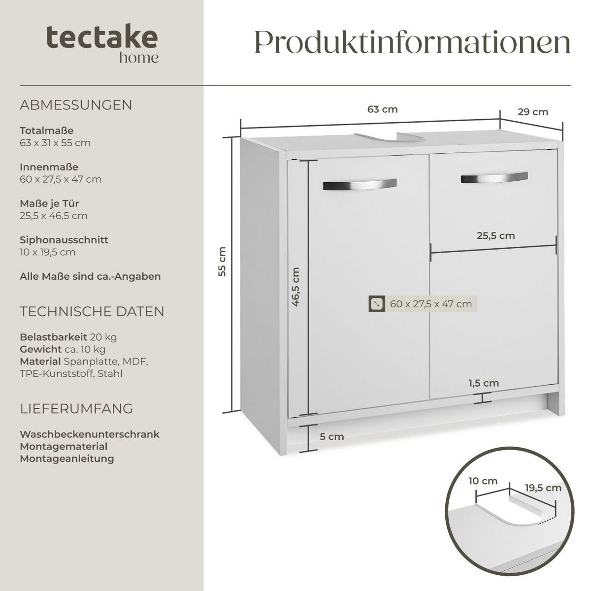 WASCHBECKENUNTERSCHRANK Katalina, 63 x 31 x 55 cm , weiß - Weiß, Holzwerkstoff (63/55/29cm) - tectake
