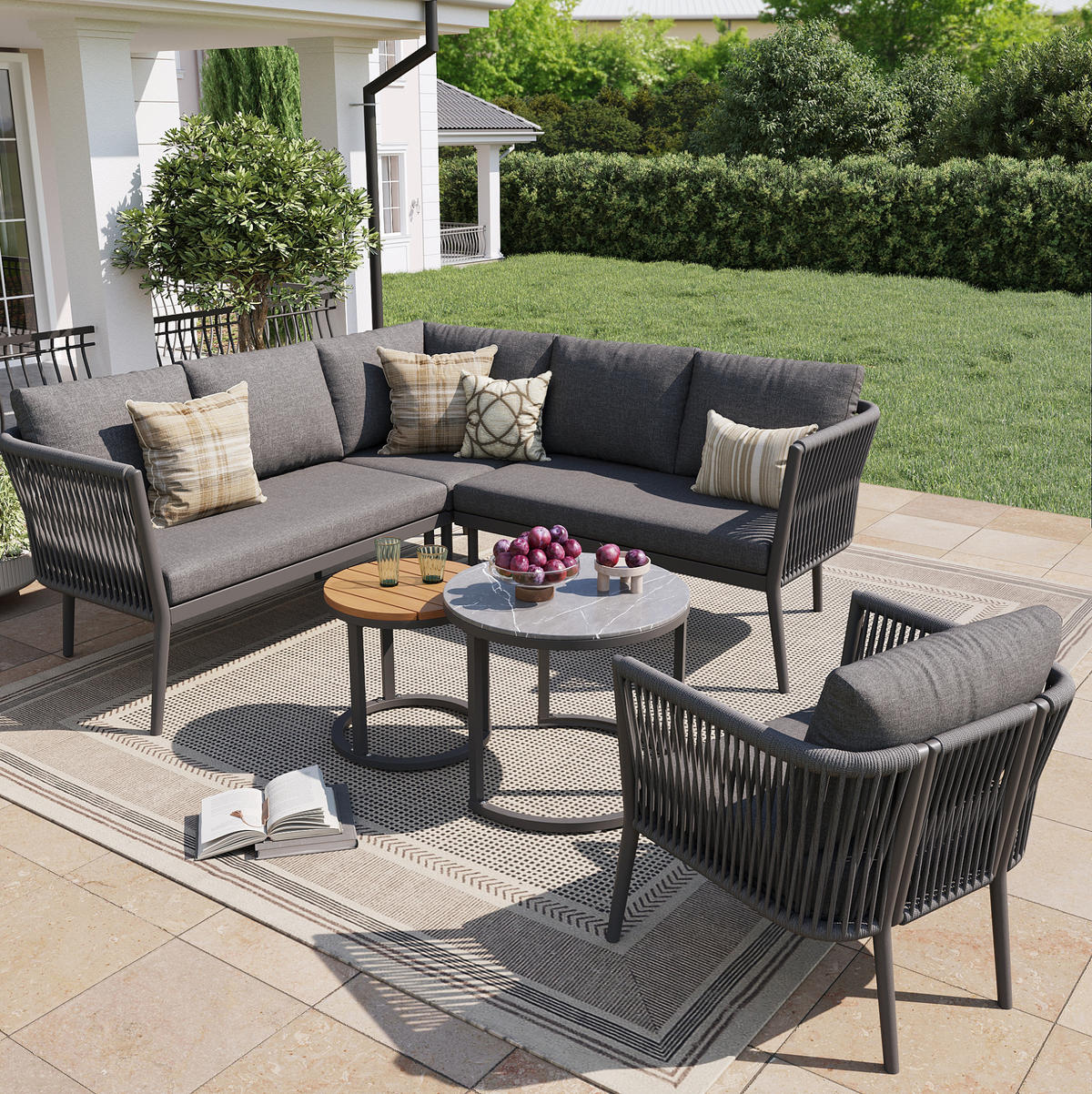 LOUNGEGARNITUR Grau aus Metall und Olefin 6er Set - Grau, Metall - OKMYHOME