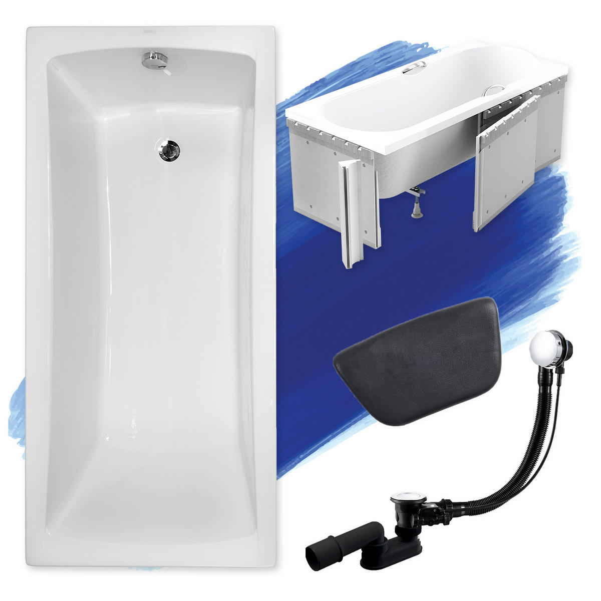 BADEWANNE Rechteck OPTIMA 170/70 + Styro + Kopfstütze Ablauf Füße - Weiß, Kunststoff (70/58.5/170cm) - bad land