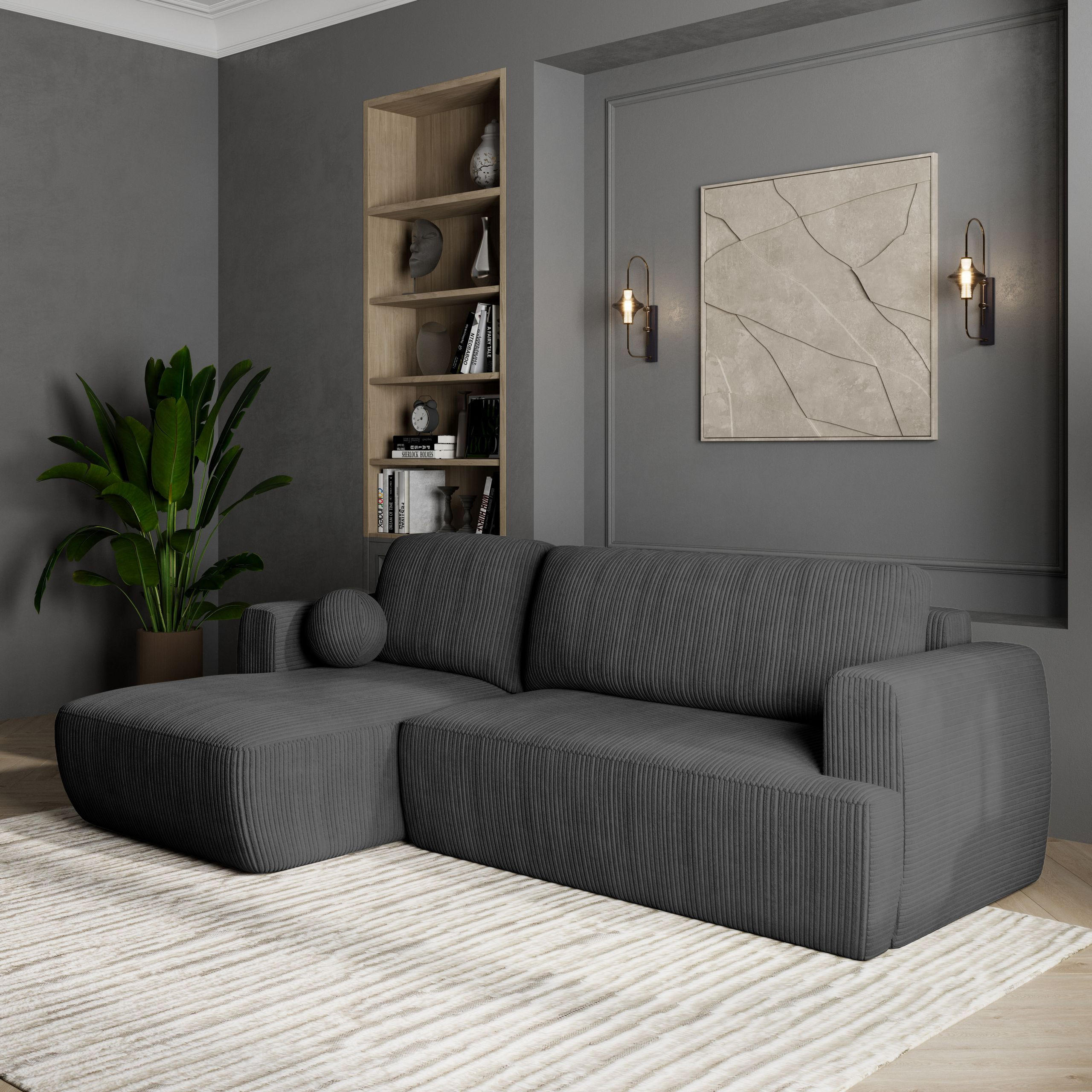 ECKSOFA SENTI P L-S Graphitfarben Kordstoff mit Schlaffunktion - Graphitfarben, Holz (246/148cm) - MASSENO