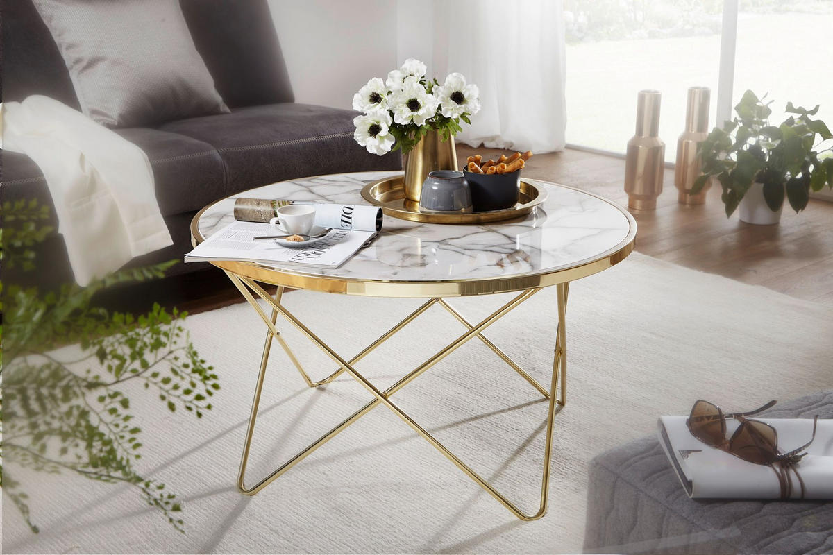 COUCHTISCH in Marmor-Optik mit filigranem Metallgestell in Gold - Goldfarben, Holz/Metall (85/85/49cm) - KADIMA DESIGN