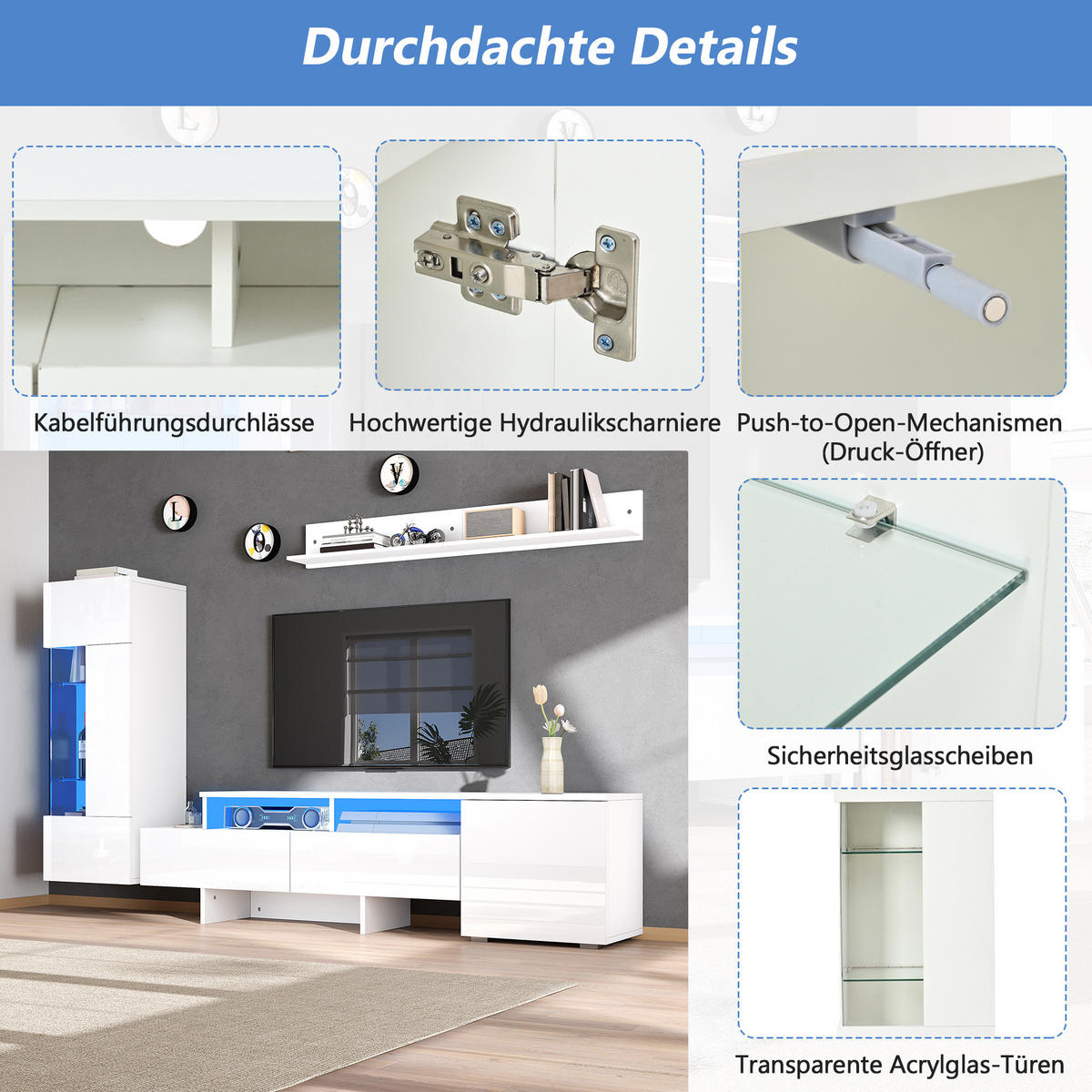 TV-LOWBOARD 3-teilig 170/35/45 cm mit LED-Beleuchtung, Hochglanzfronten und Soft-Close, Weiß - Weiß, Holzwerkstoff (170/45/35cm) - Redom