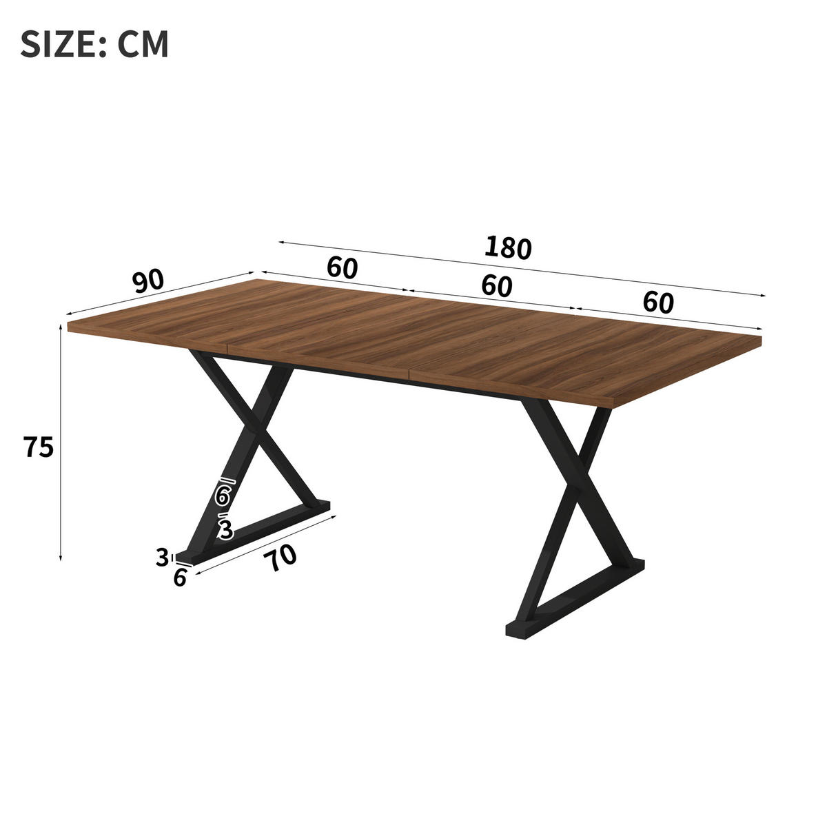 JEDÁLENSKÝ stôl 180/90/75 cm MDF v dekore orecha, čierny, pre 6–8 osôb - farba vlašského orecha, kompozitné drevo (180/90/75cm) - BEAOK