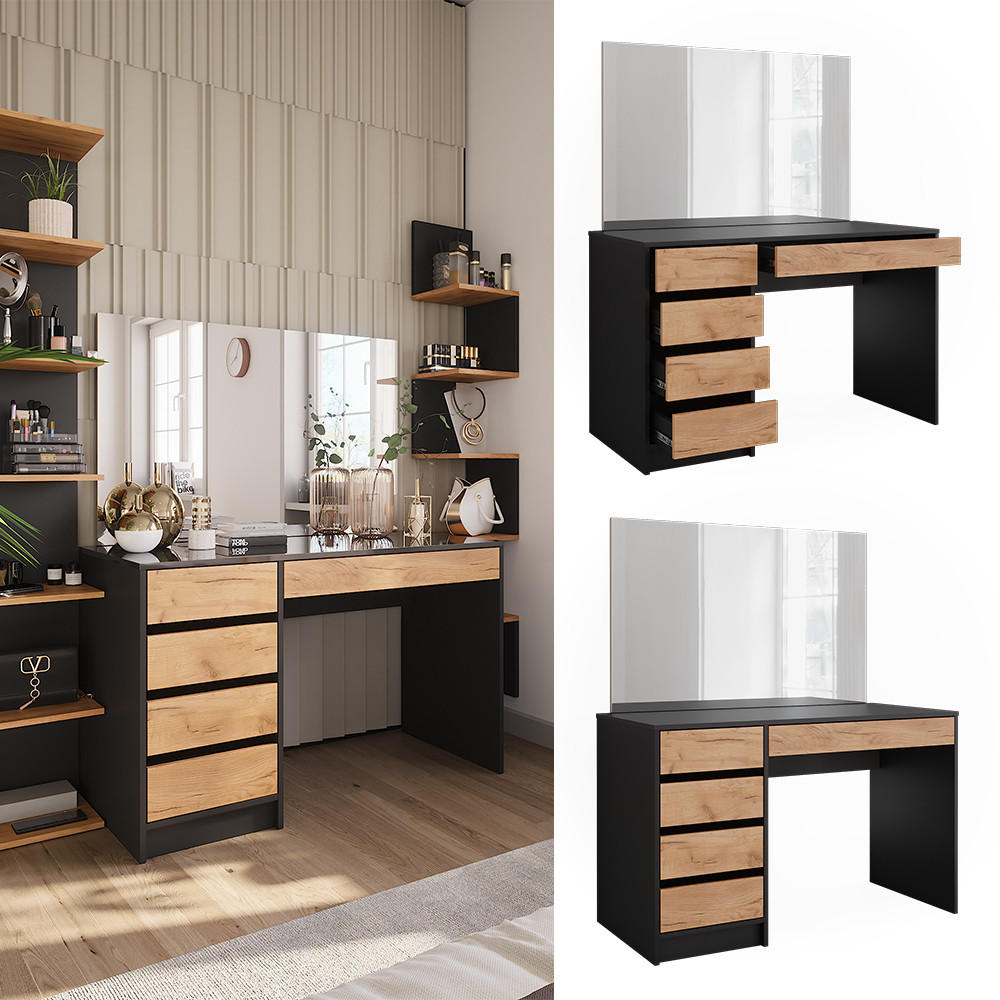 SCHMINKTISCH Sherry Anthrazit/Goldkraft Eiche 120 x 75 cm mit Spiegel - Anthrazit/Eiche Wotan, Holzwerkstoff (120/75/55cm) - Vicco