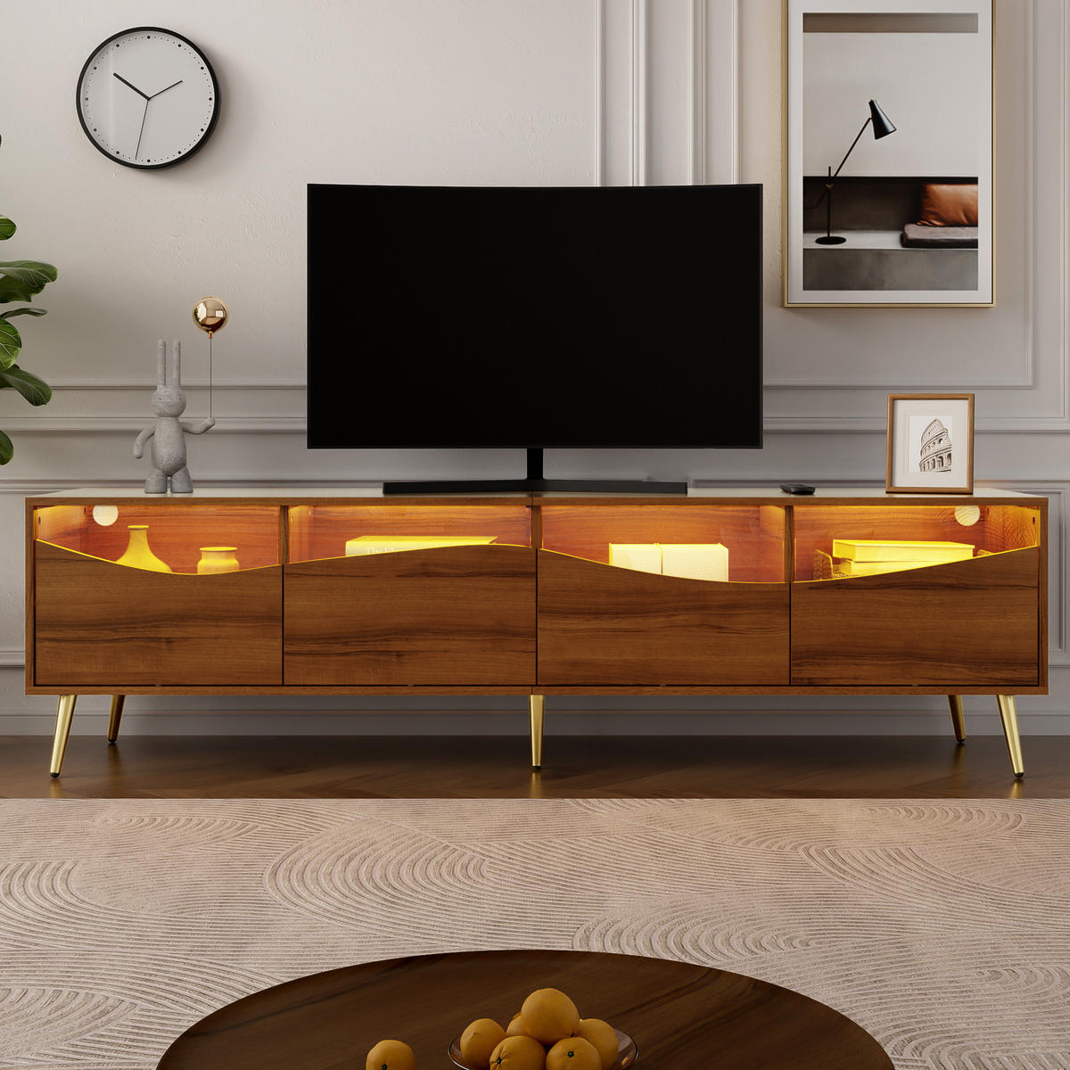 TV-SCHRANK 180/40/50 cm holzfarben MDF mit LED-Beleuchtung Glasfront und Stauraum - Naturfarben, Holzwerkstoff (180/50/40cm) - OKWISH