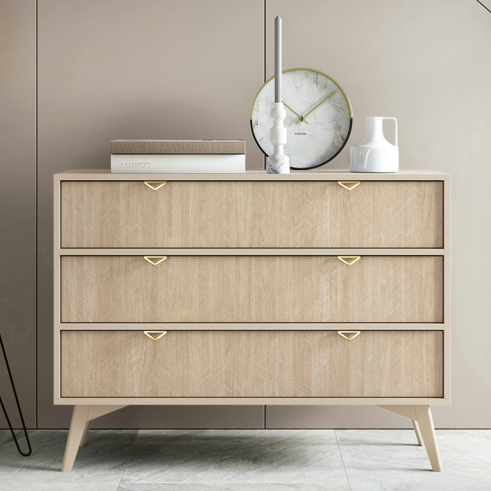 SIDEBOARD TOFINO KOM3-1D3S Holzbeine Beige Fischgrätenmuster - Eichefarben/Beige, Holz/Holzwerkstoff (106/80/38cm) - Komodee