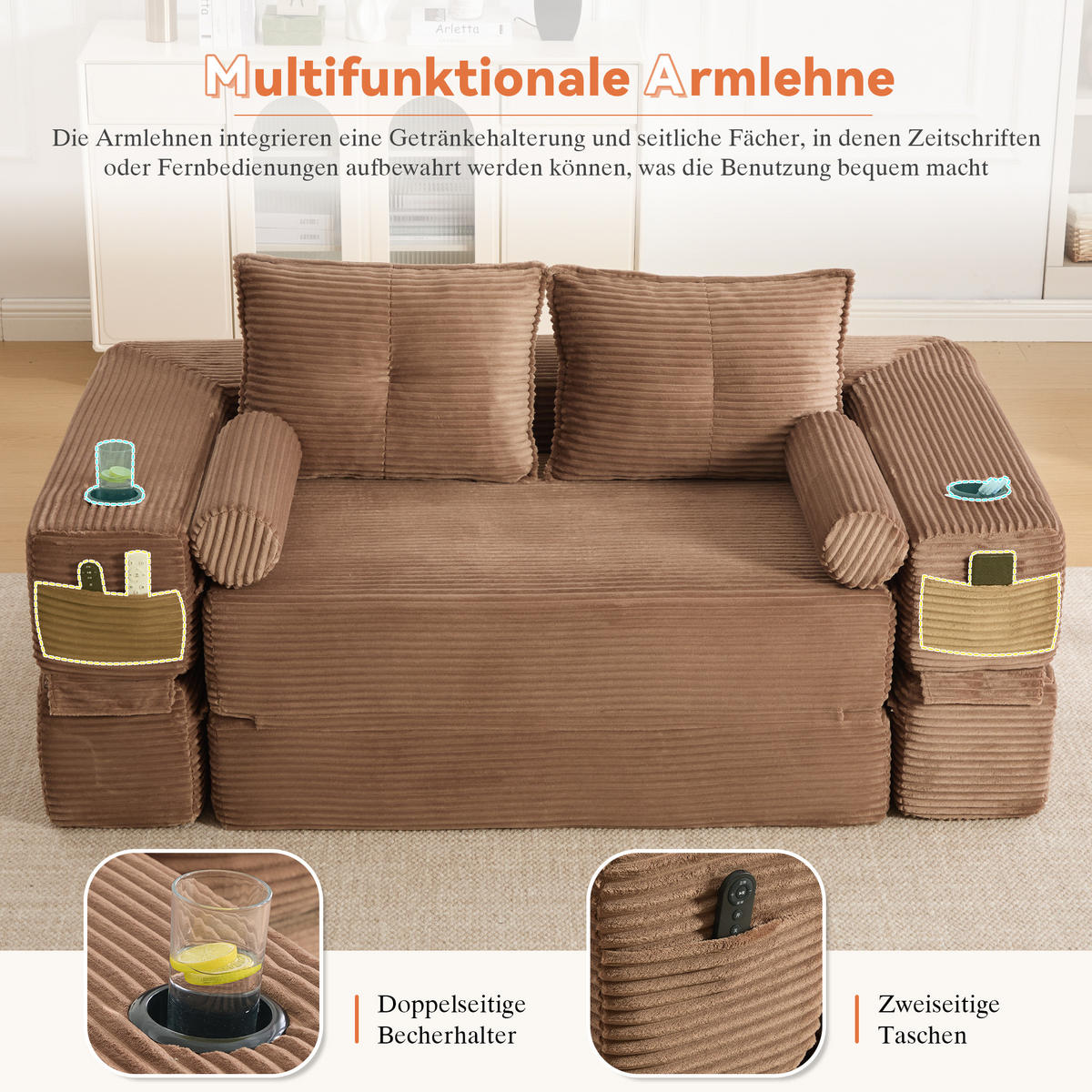 SCHLAFSOFA mit Cordbezug, Memory-Kissen, Getränkehalter und Seitentaschen - Braun, Textil (180/80/98cm) - EVRYAE