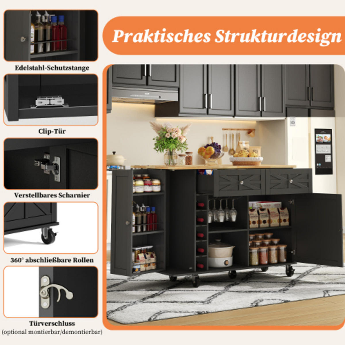KÜCHENINSEL Schwarz aus MDF mit klappbarer Erweiterungsplatte und Laufrollen 120 × 45(70) × 89 cm - Schwarz, Holzwerkstoff (120/89/70cm) - Luhomfu