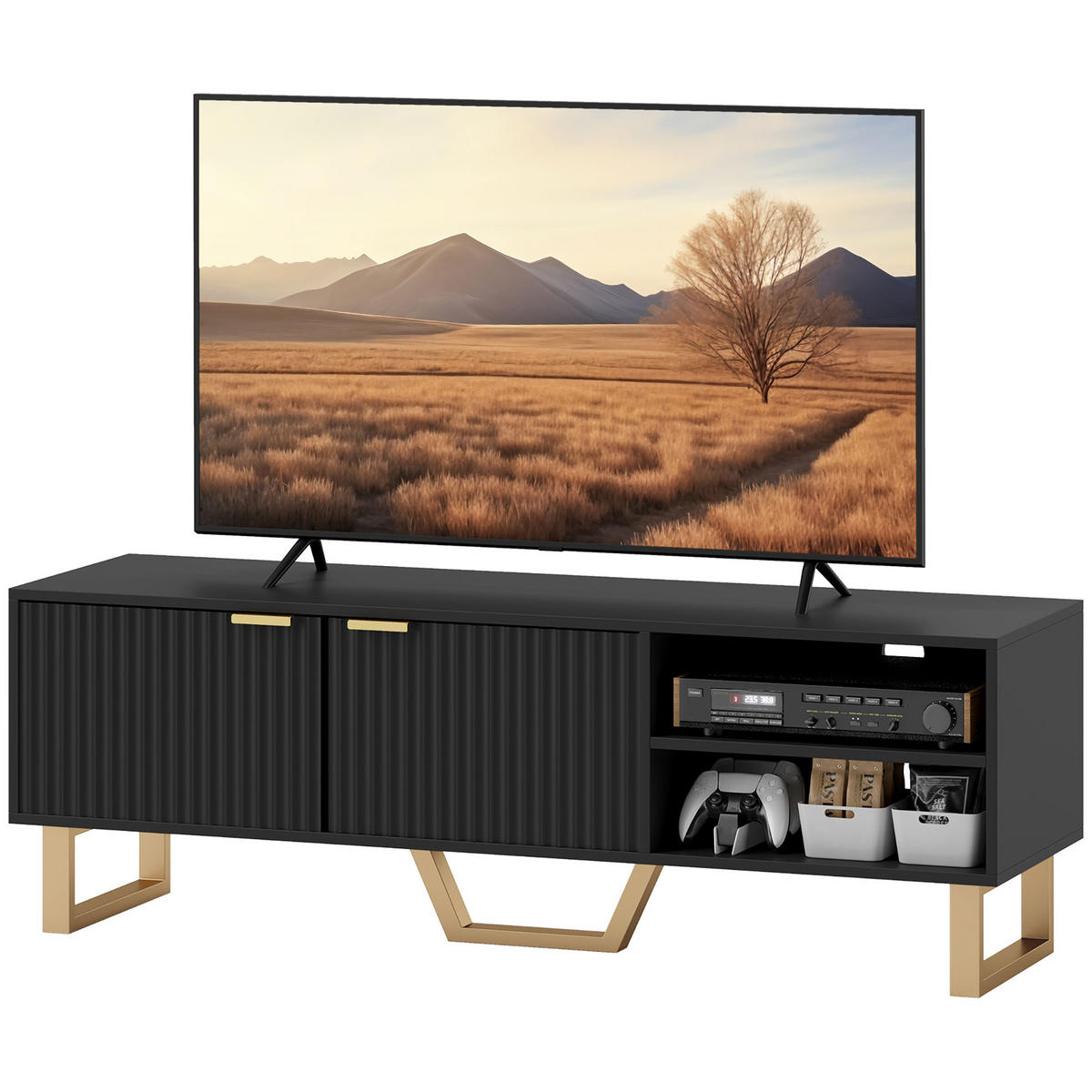 TV-LOWBOARD Holzoptik/Gold 140/39/47 cm, 2 geriffelte Türen, offene Fächer - Schwarz, Holzwerkstoff (140/47/39cm) - PANGIVO