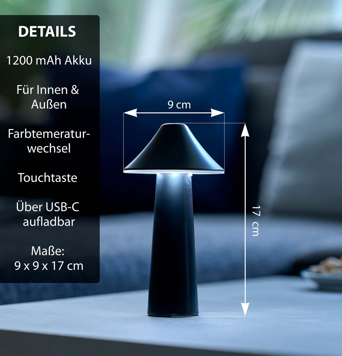 LED-TISCHLEUCHTE Pilzform dimmbar CCT Farbwechsel Ø 9 x 17 cm Zelt schwarz - Schwarz, Kunststoff (9/9/17cm) - Northpoint