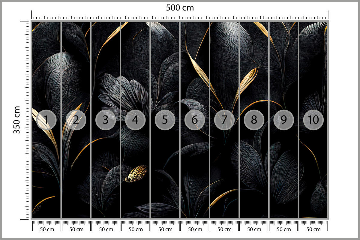 FOTOTAPETE für Wohnzimmer Schwarze Blätter Gold Luxus 500x350 - Goldfarben/Schwarz, Papier (500/350cm) - Muralo