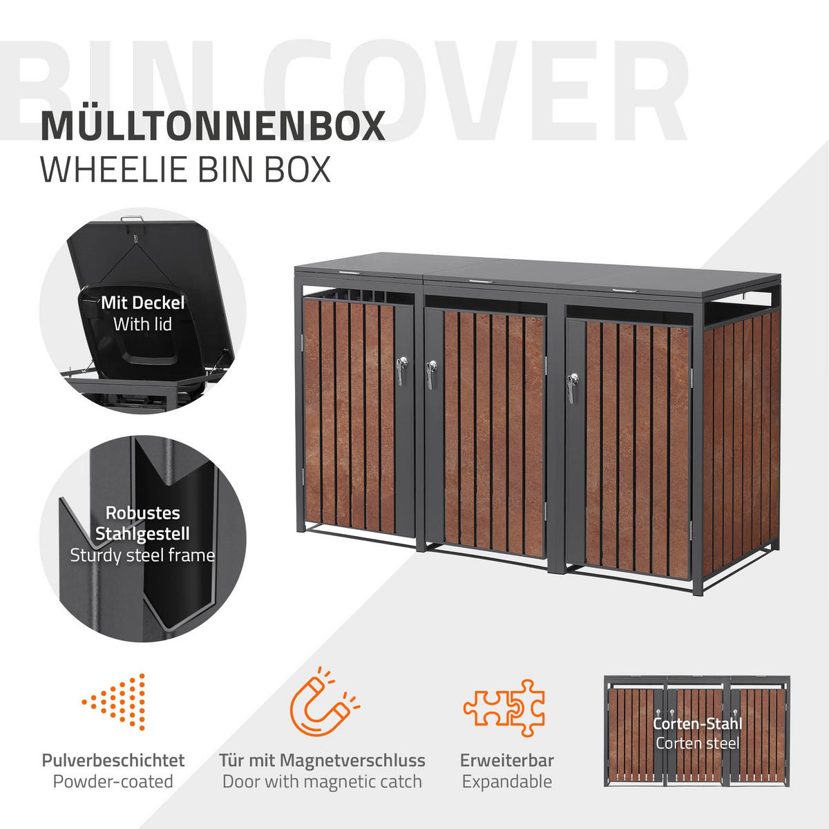 MÜLLTONNENBOX 3er Anthrazit-Rostoptik - Rotbraun, Metall (200/120/80cm) - ML-DESIGN