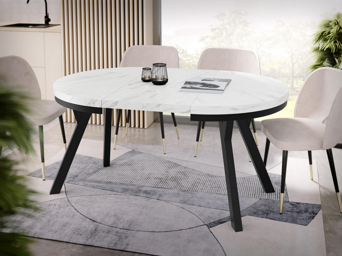 ESSTISCH Lume runder ausziehbarer, Weißer Marmor 100-150/100/76 cm - Ecru/Schwarz, Holz/Holzwerkstoff (100/100/76cm) - WFL GROUP