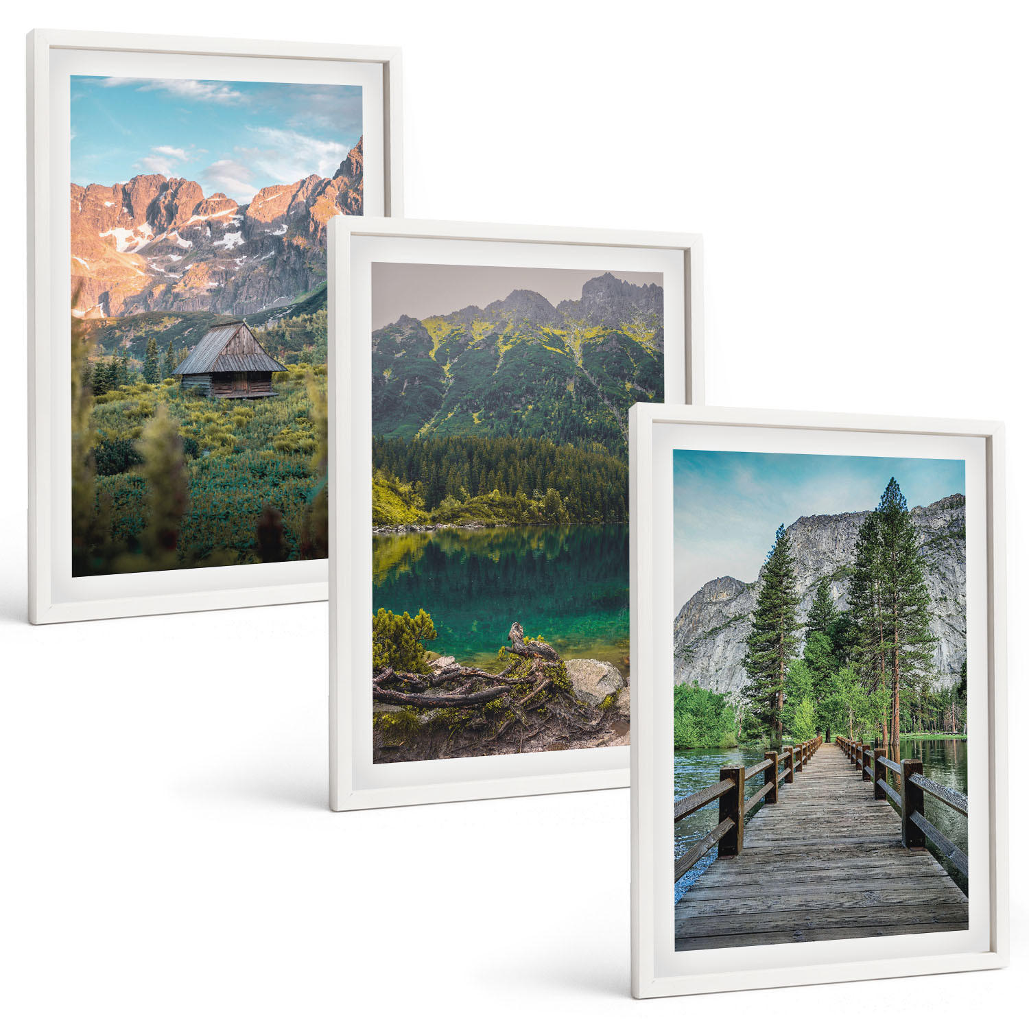 BILDER SET 3er Set - 40x60 cm Weißer Rahmen - Berglandschaft See Brücke - Weiß, Kunststoff (40/60cm) - TULUP