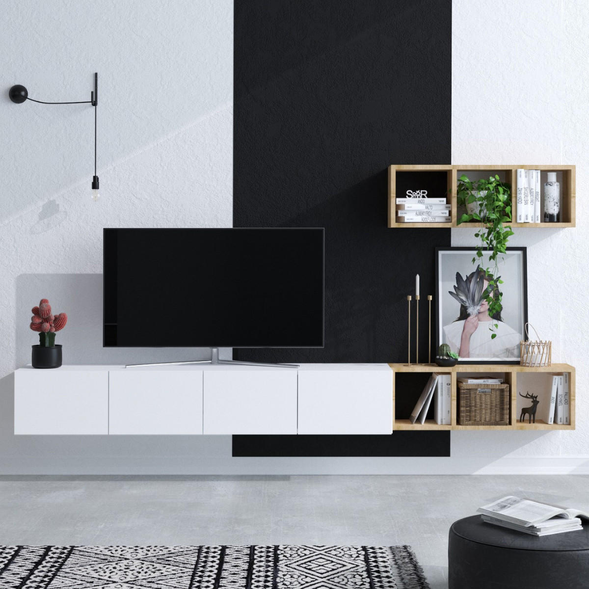 TV-SCHRANK 4 türen weß mit eichenregal pia 215/32/25 cm - Weiß, Holzwerkstoff (215/25/32cm) - Calicosy