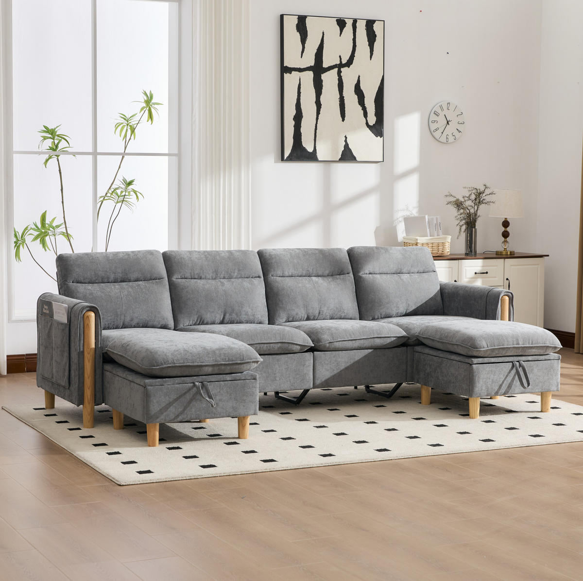 SOFA 261/77/86 cm in Hellgrau mit 2 Hockern und Stauraum - Hellgrau, Textil (77/86/261cm) - Flora Grace