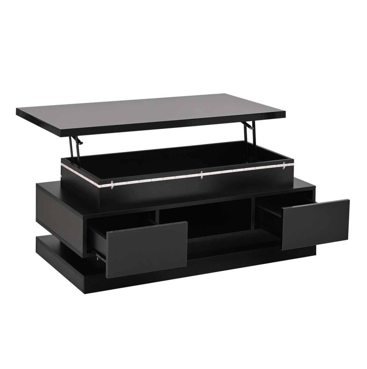 COUCHTISCH 100/50/40 cm aus Spanplatte, höhenverstellbar mit LED, USB-Anschluss und 2 Schubladen, Schwarz - Schwarz, Holzwerkstoff (100/50/40cm) - Modfu