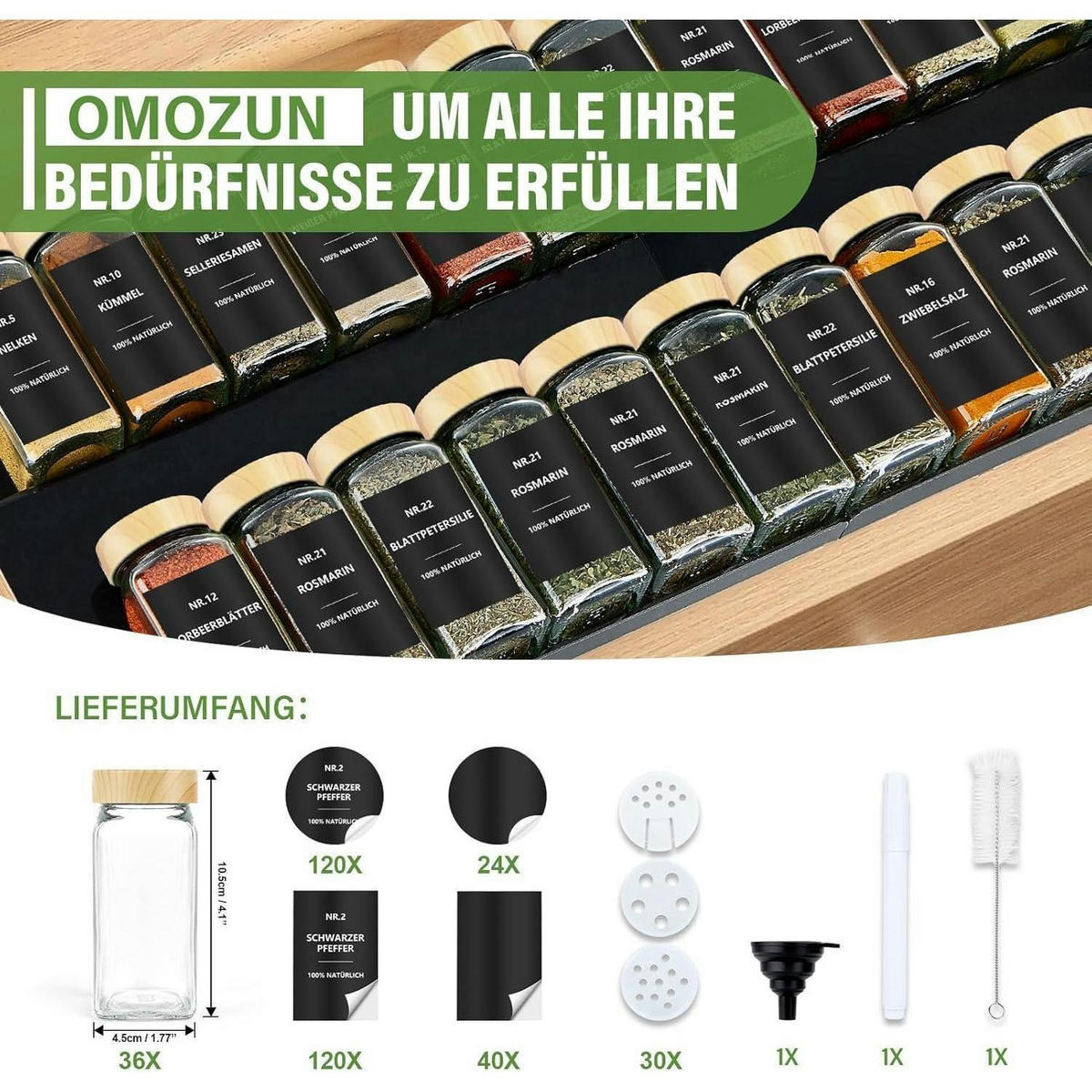 GEWÜRZGLÄSER Set 36-teilig 120ml Glas mit Streueinsatz und Etiketten - Multicolor, Glas (4.5/10.5/4.5cm)